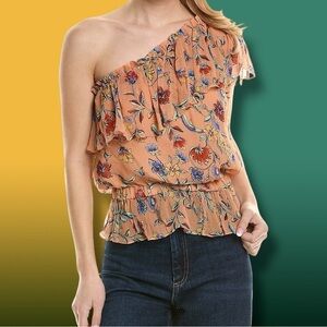 NWT Ramy Brook ‘Aurora’ Poppy Jardin print One-Shoulder Top in Pink “Pojar” Sz L
